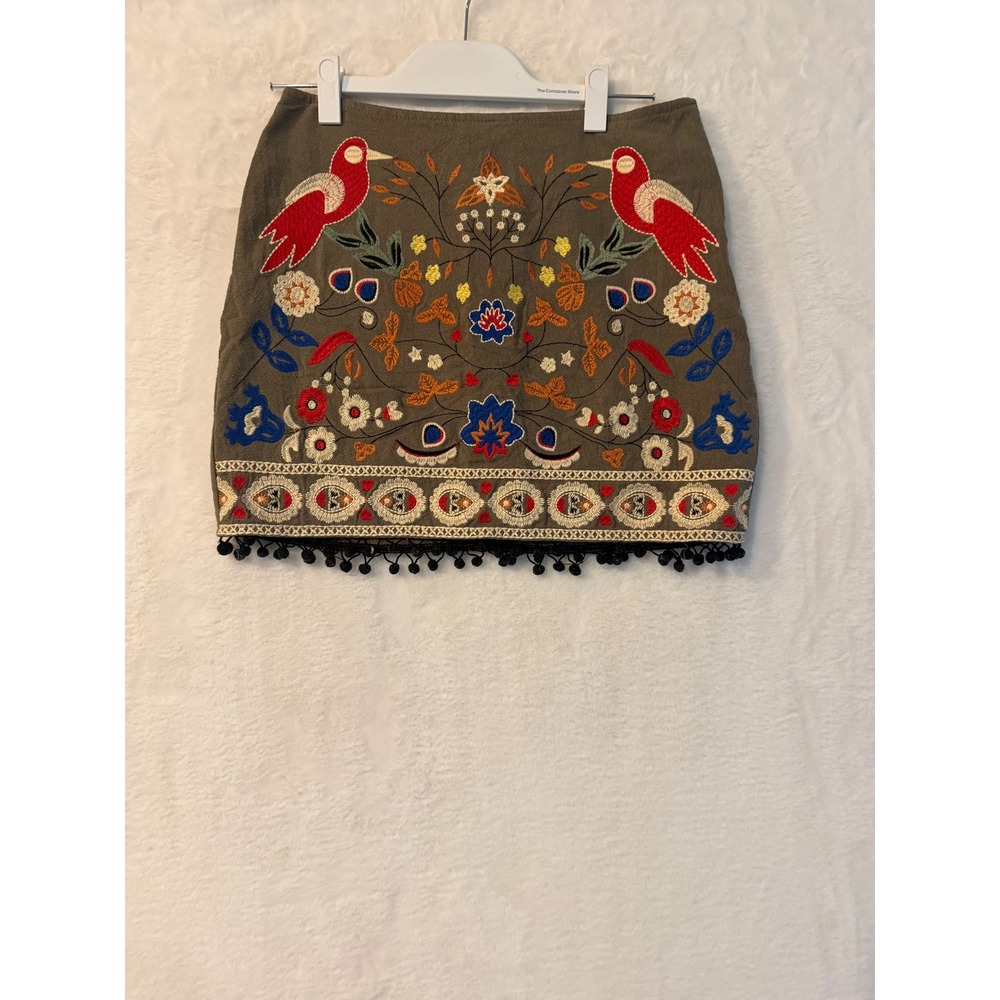 Boho Embroidered Linen Blend Mini Skirt Birds Floral Pom Pom Trim Brown Medium